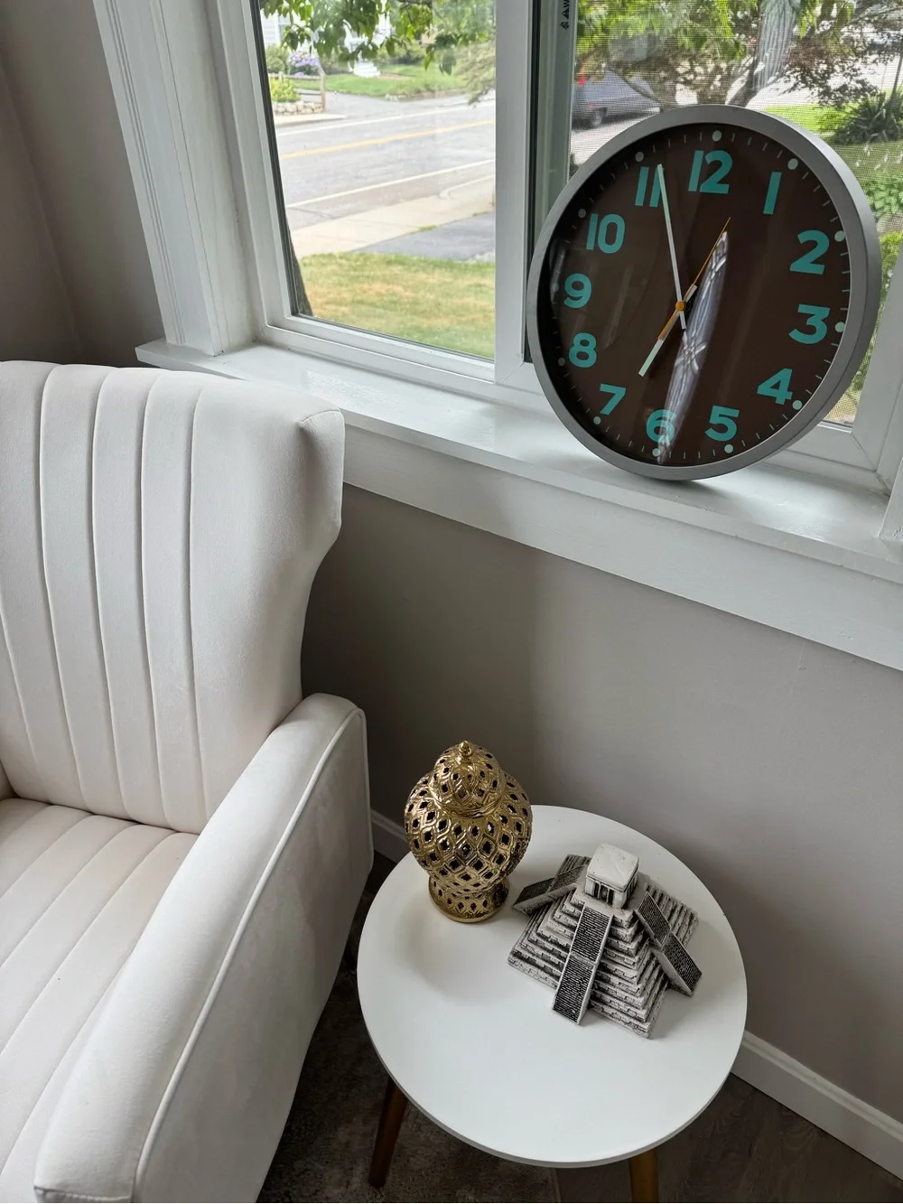 Crate&Barrel Brown Clock with Teal Numerals and Silver Rim